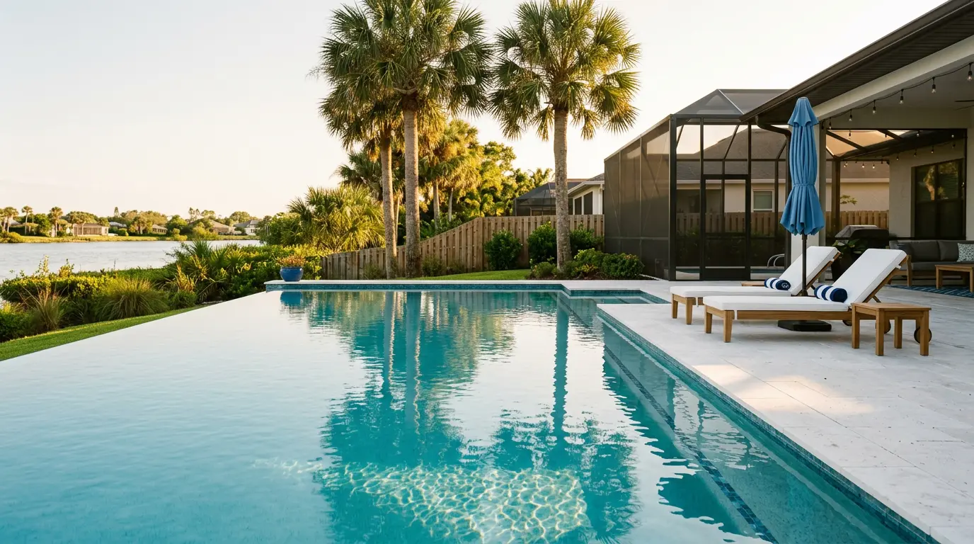 A sparkling clean Florida backyard pool with palm trees at golden hour