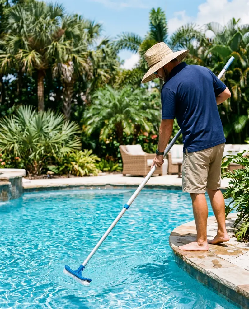 A Skim Shady technician brushing the wall of a clear blue pool